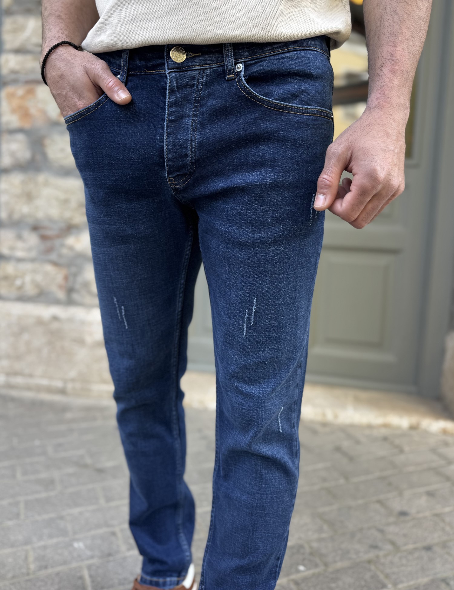 Ανδρικό μπλε τζιν παντελόνι με φθορές Slim Fit 51092 φωτογραφία